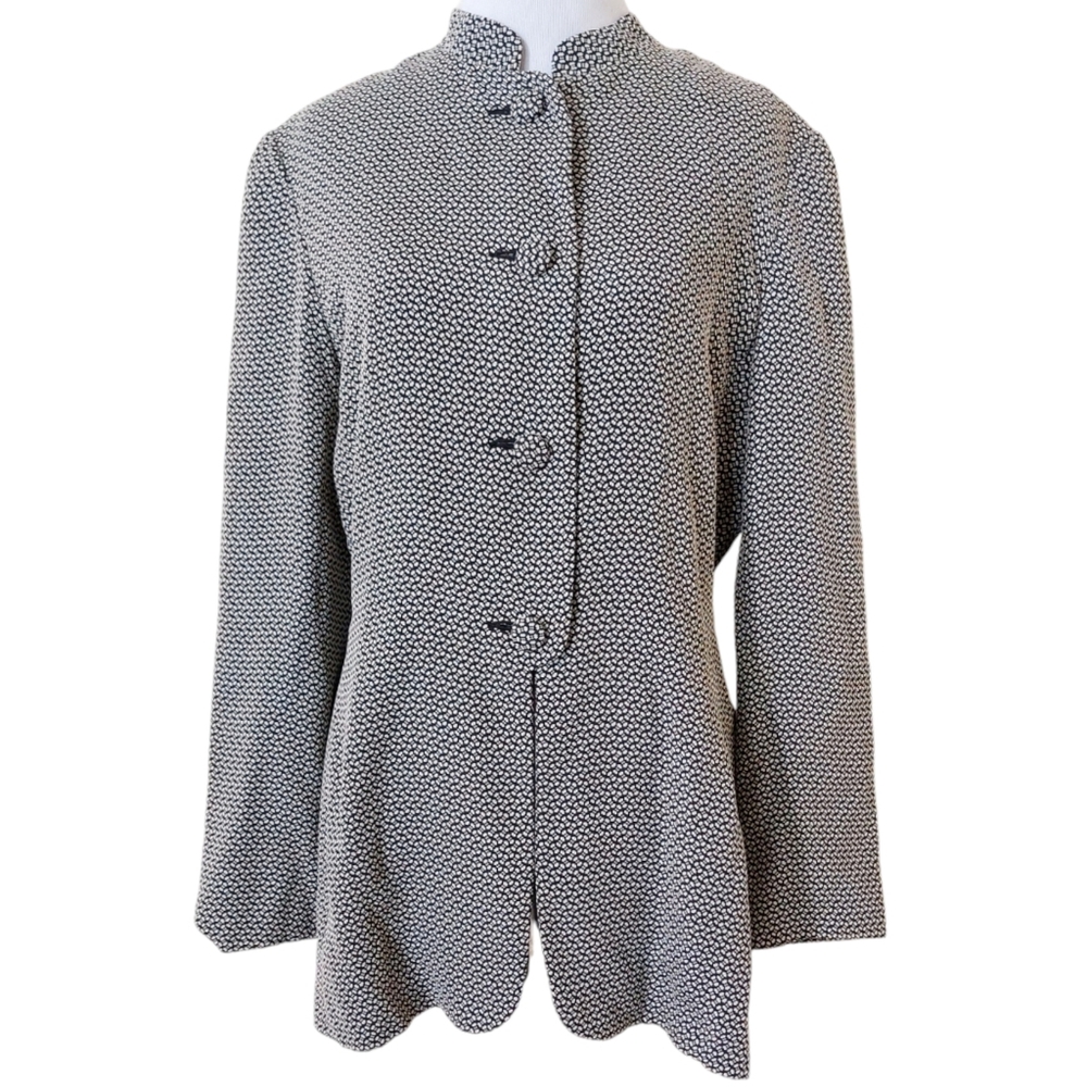 Carolina Herrera Saks Fifth Avenue Black Ivory Print Mock Collar Elegant Blazer